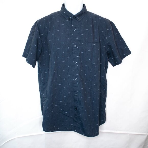 Molokai Surf Co Shark Print Button Down Shirt Men Large L Blue Short Sleeve F14X - Picture 1 of 4